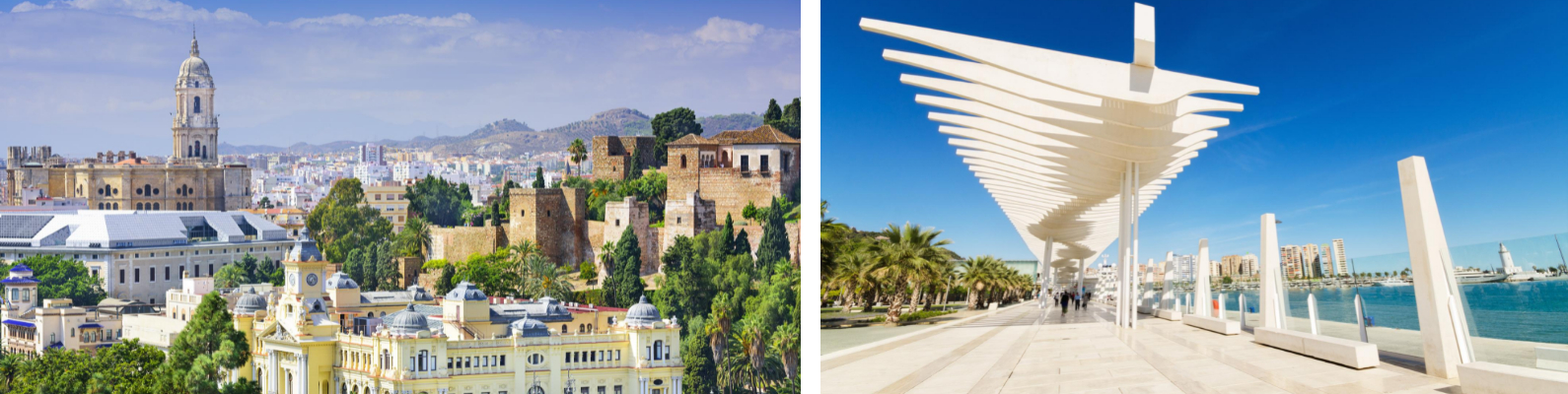 Vista panorámica de la ciudad de Málaga y vista del paseo de Puerto de Málaga.