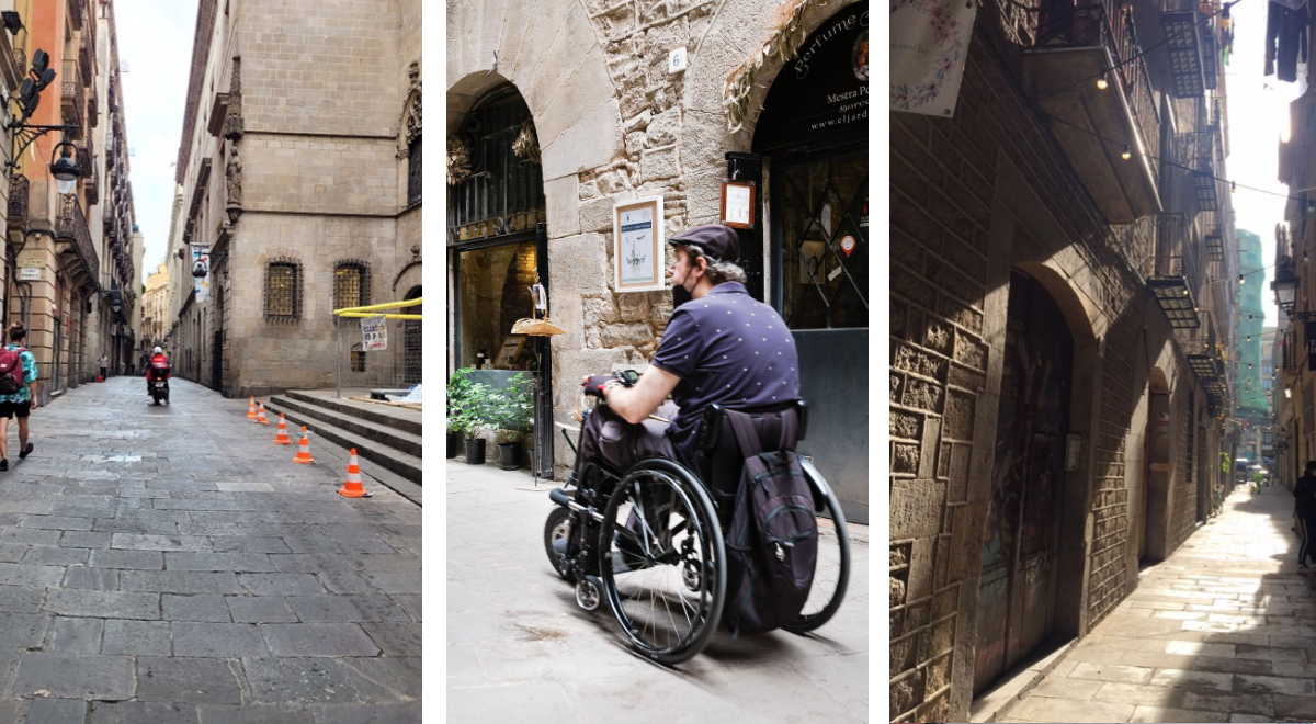 3 imágenes del barrio Gótico de Barcelona que muestran calles accesibles.