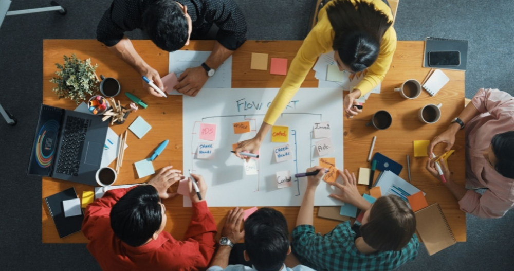 un equipo alrededor de una mesa de trabajo