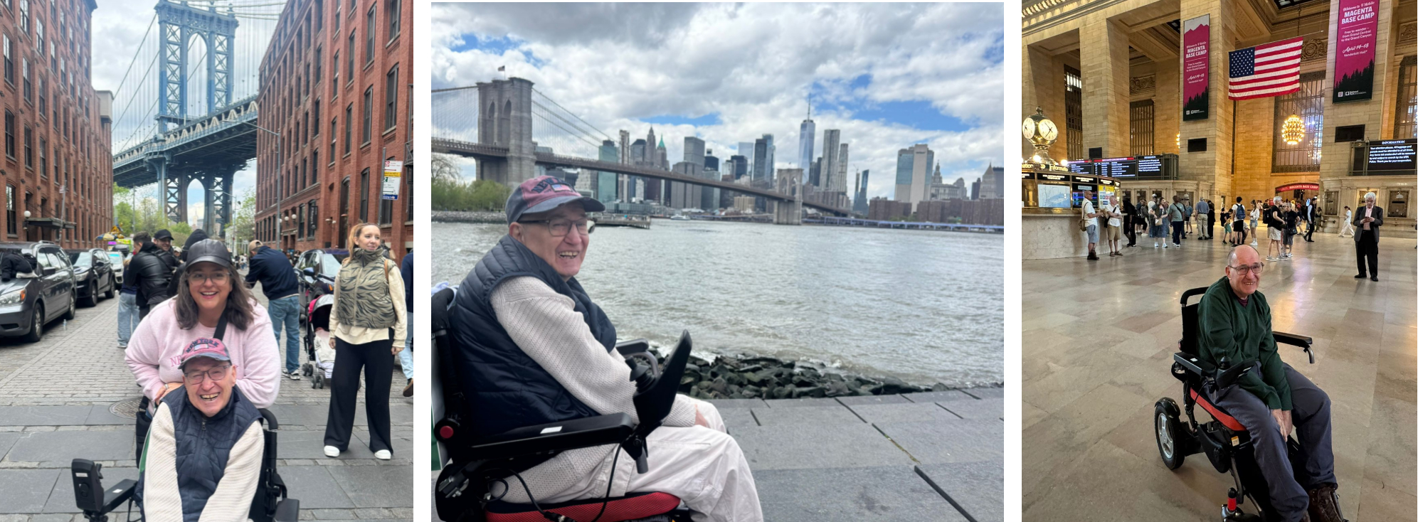 Collage de imágenes de un viaje accesible en New York City. Una persona usuaria de silla de ruedas disfruta de diferentes rincones emblemáticos de la ciudad, como el puente de Brooklyn, el skyline de Manhattan y la estación Grand Central. Las fotografías transmiten acompañamiento, accesibilidad, seguridad y la emoción de descubrir la Gran Manzana sin barreras.